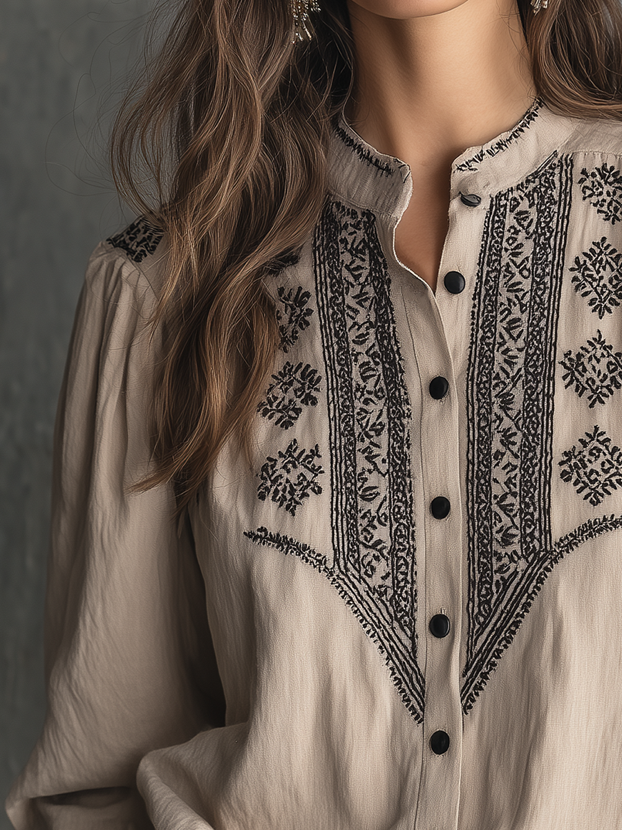 Classic Beige Embroidered Button-Up Blouse