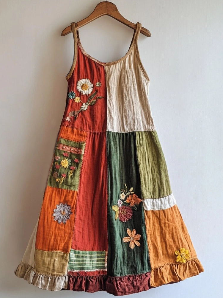 Boho Floral Embroidered Patchwork Linen Blend Dress 0d56
