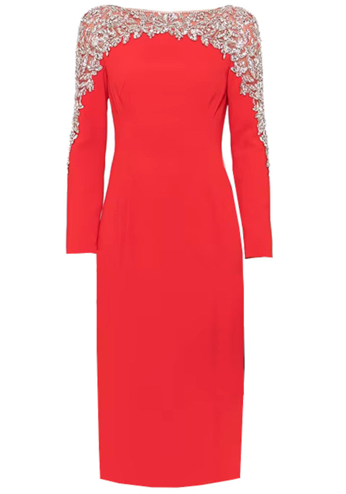 Long Sleeve Crystal Shoulder Midi Dress Red