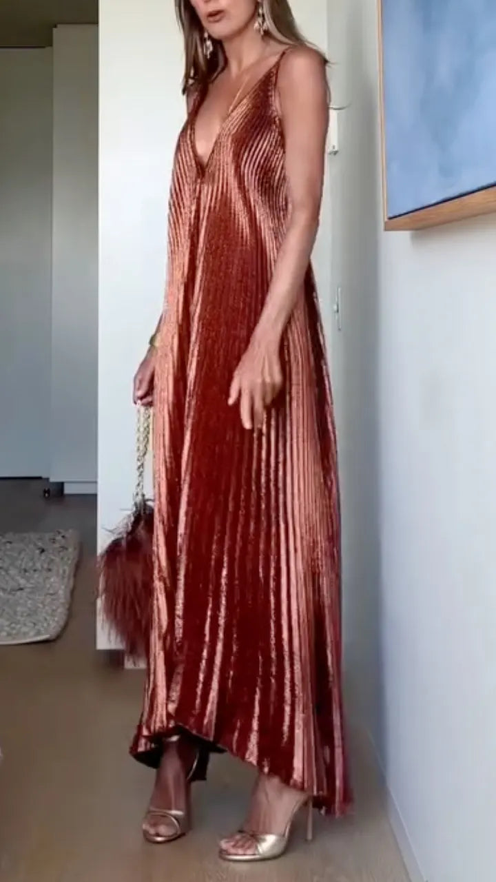 Women's V-Neck Spaghetti Strap Irregular Pleated Maxi Vacation Dress