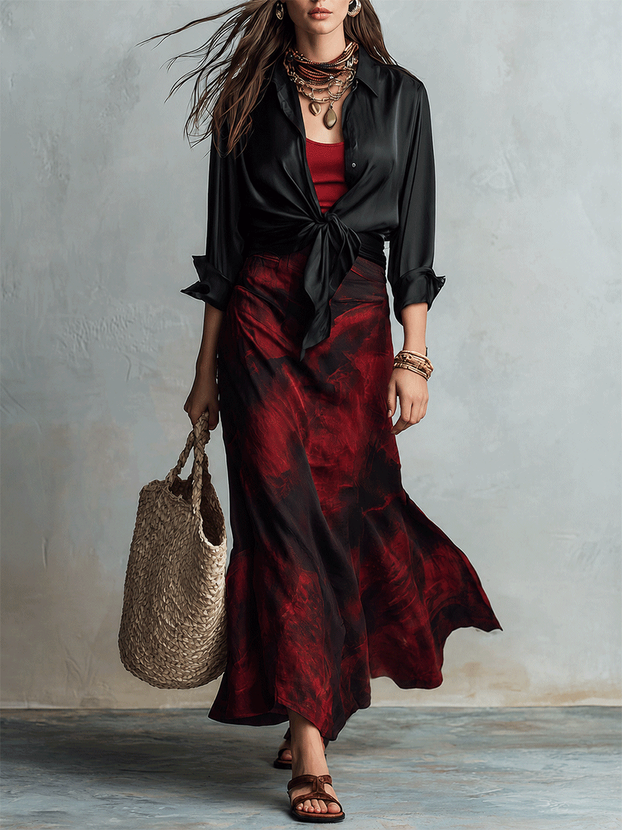 Chic Burgundy Tie-Dye Satin Maxi Skirt Black Satin Tie-Front Blouse Set