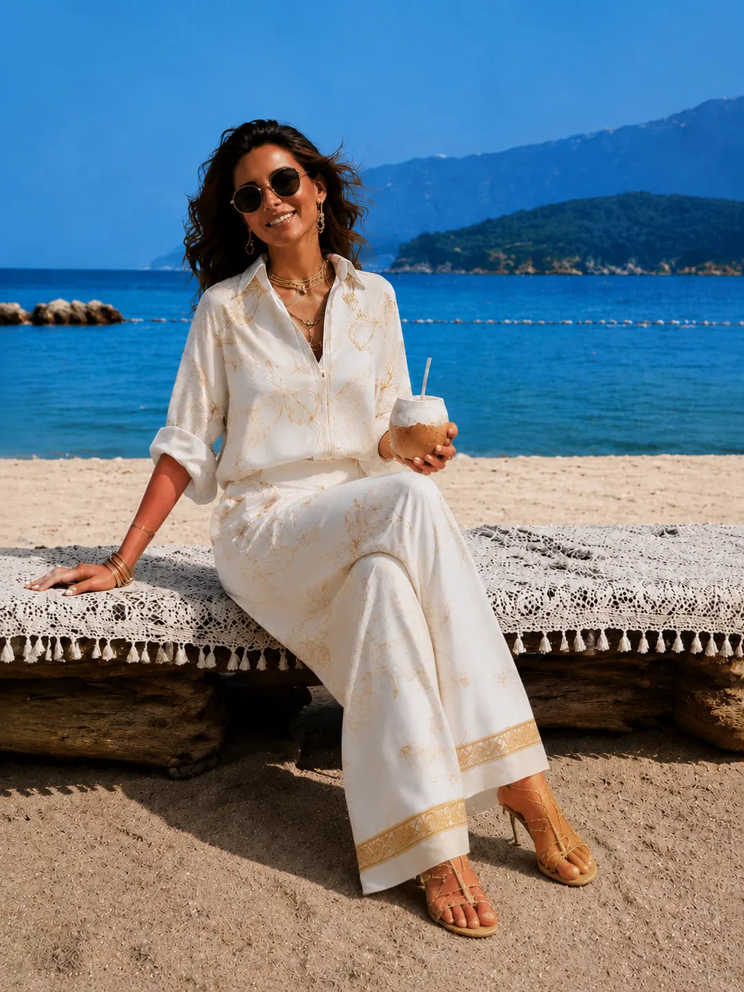 Bohemian Luxe Butterfly Jacquard Blouse & Wide-Leg Pants Set