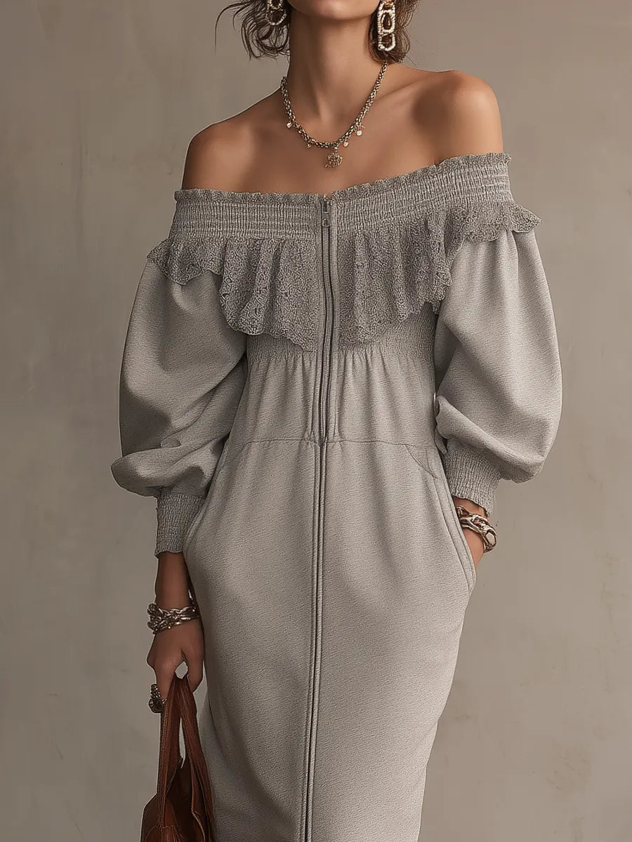 Soft Light Grey Off-Shoulder Ruffle Midi Dress
