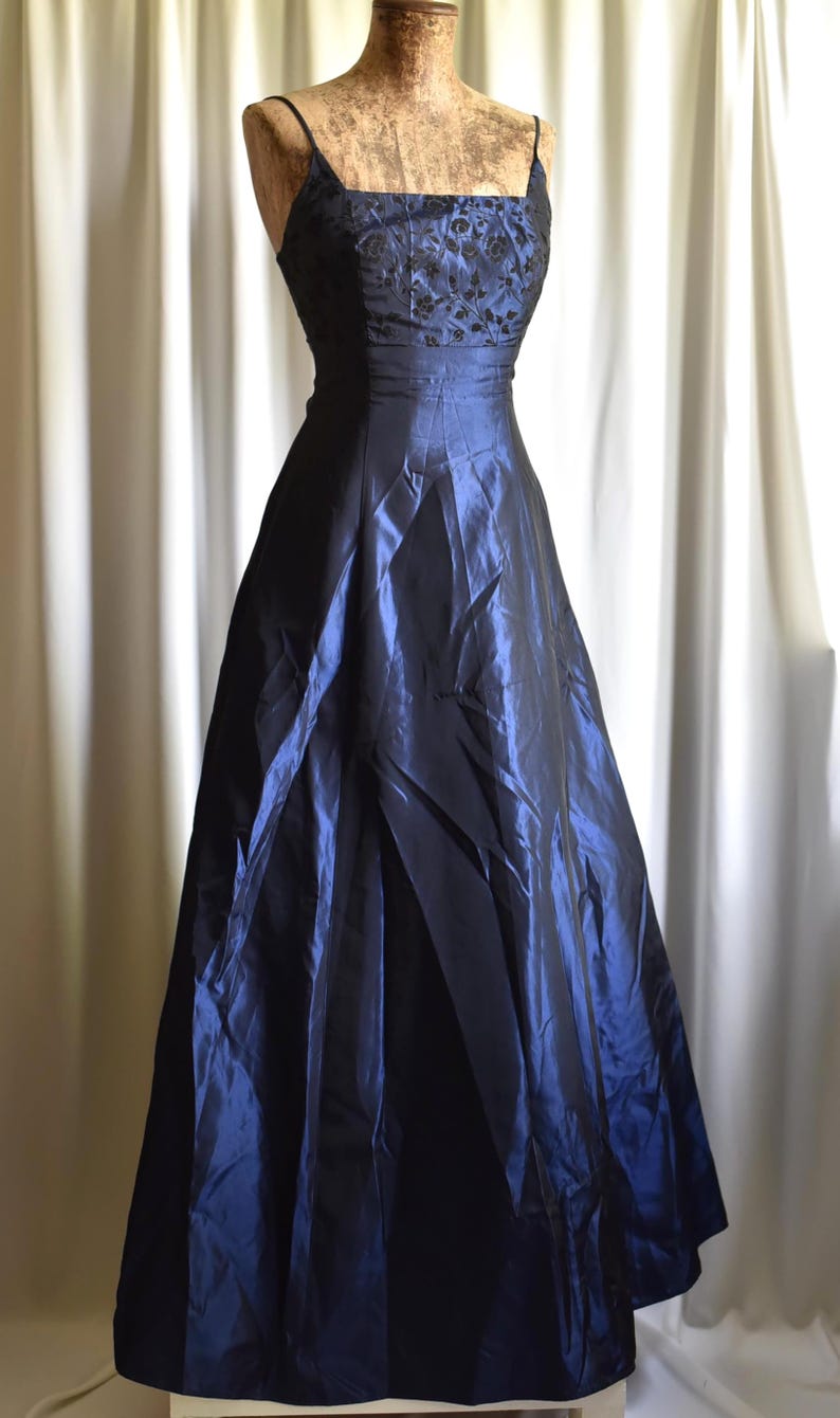 Royal Blue Metallic Y2K Vintage Empire Waist Floral Gothic Fantasy Fairycore Special Occasion Maxi Dress