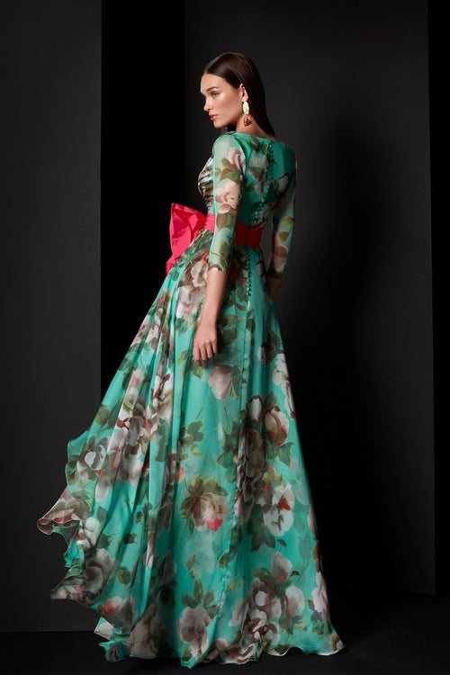 3/4 sleeves printed chiffon dress