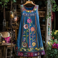 Vintage Bohemian Floral Denim Art Sleeveless Dress