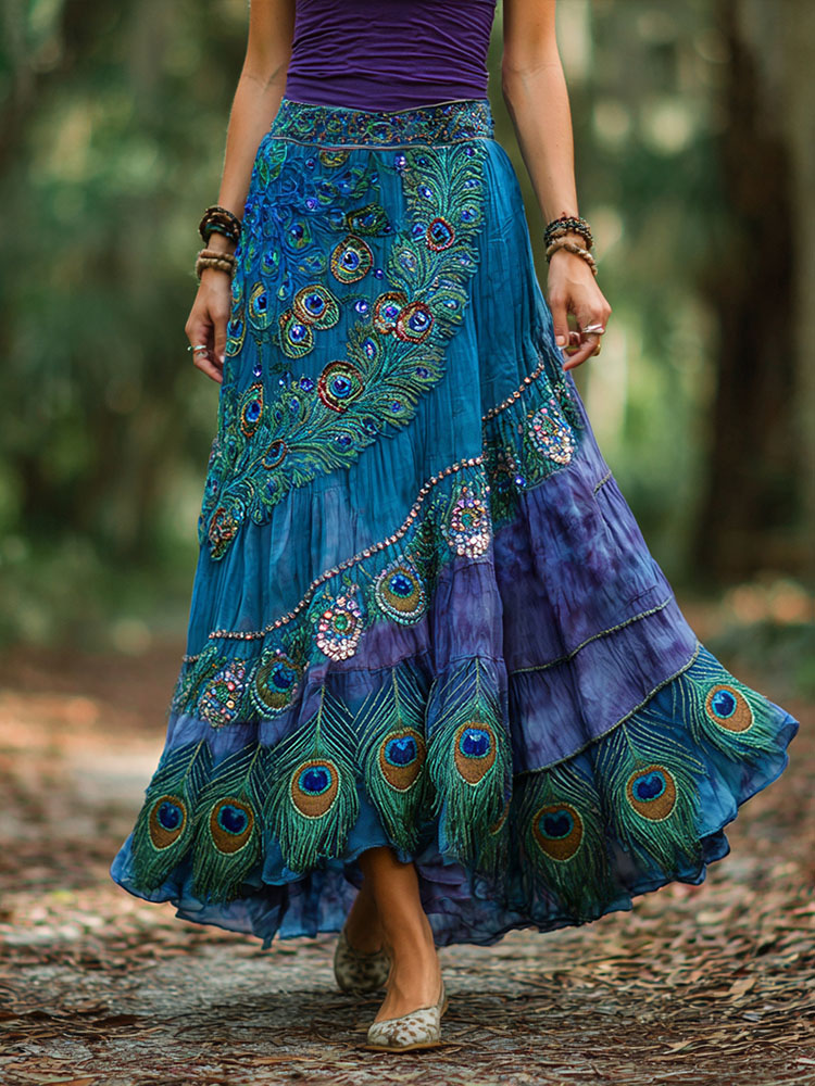 Women's Vintage Peacock Feather Gradient Art Linen Blend Midi Skirt