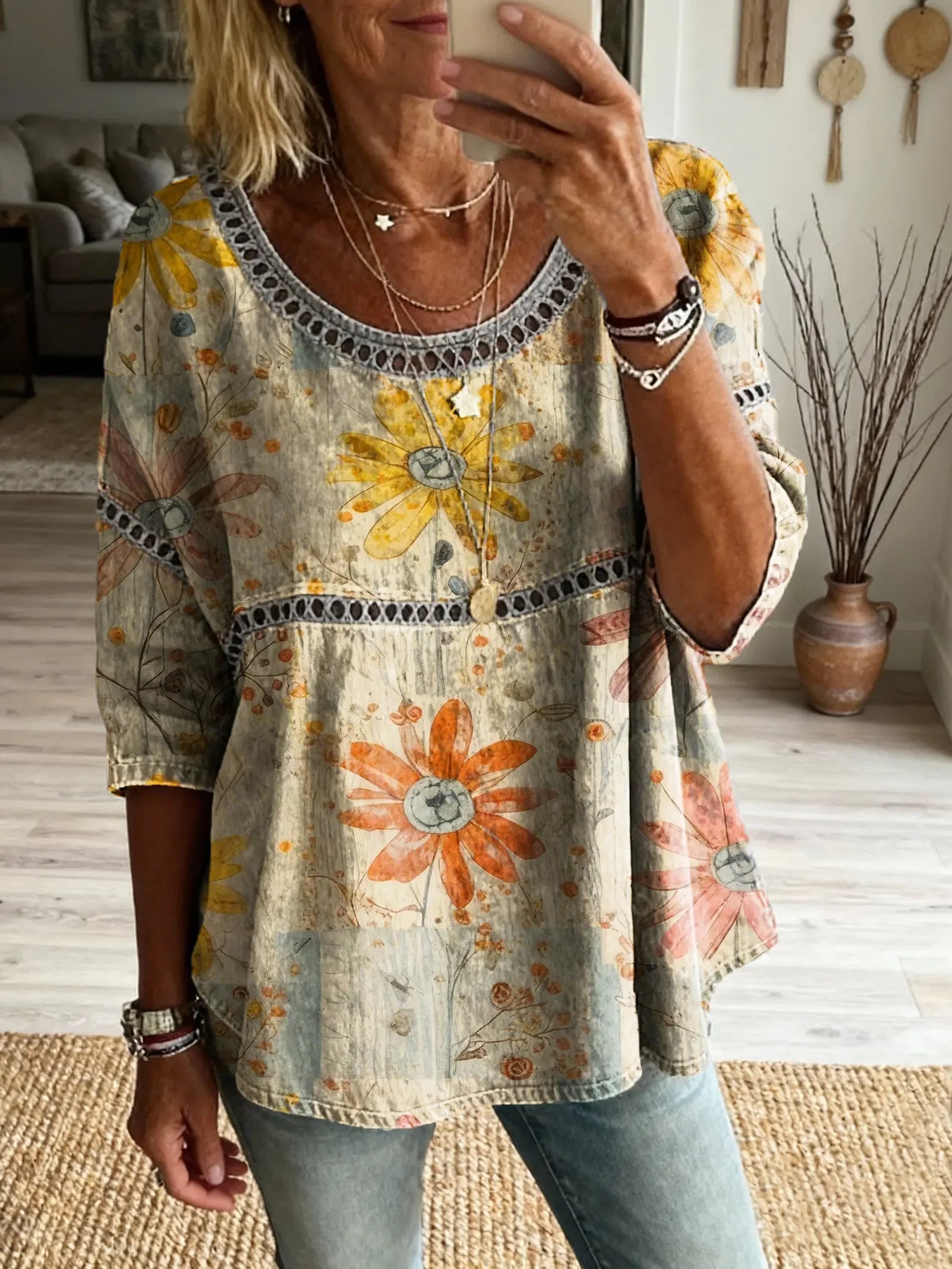 Women's Round Neck Hollow Print Patchwork Casual Top