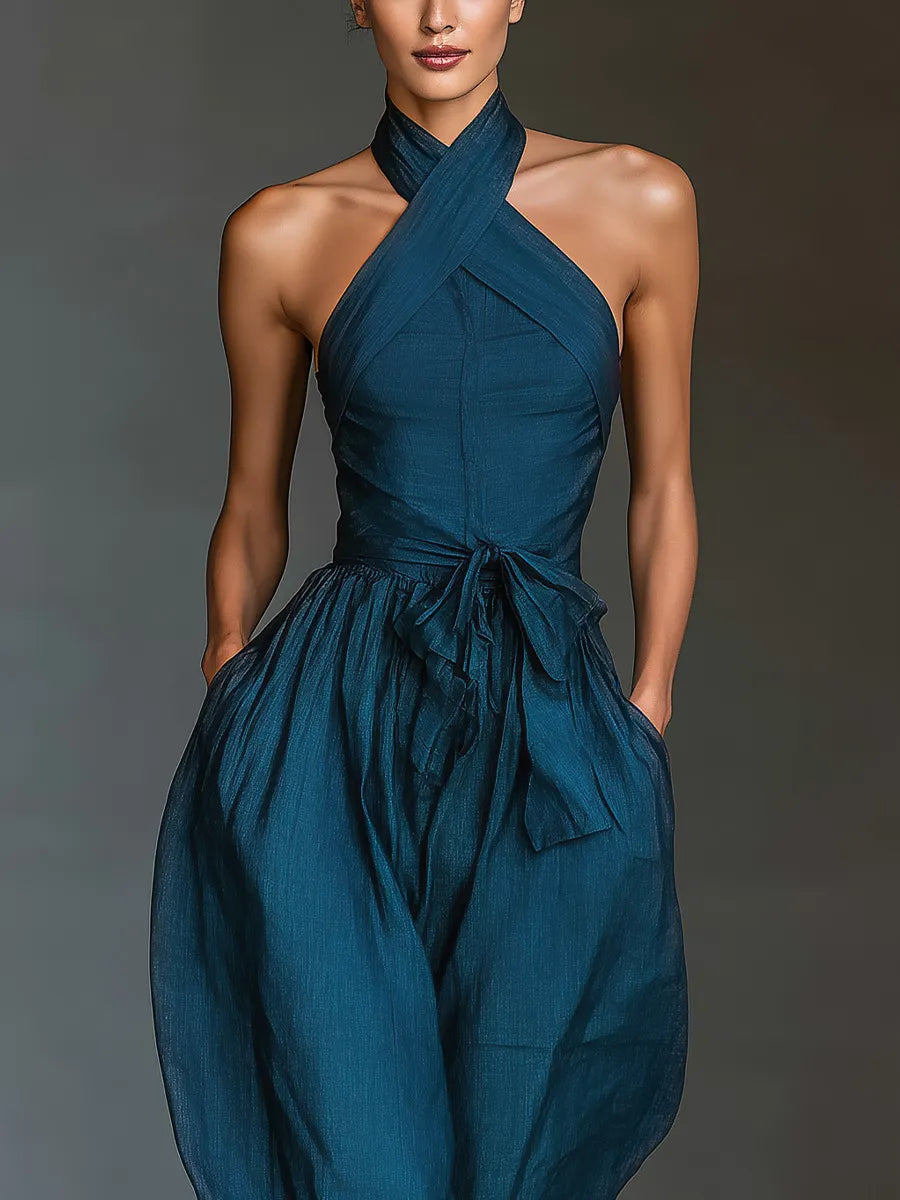 Women's Elegant Cross Halter Jumpsuit - Wide-Leg Backless Tie-Waist Romper for Summer & Vacation