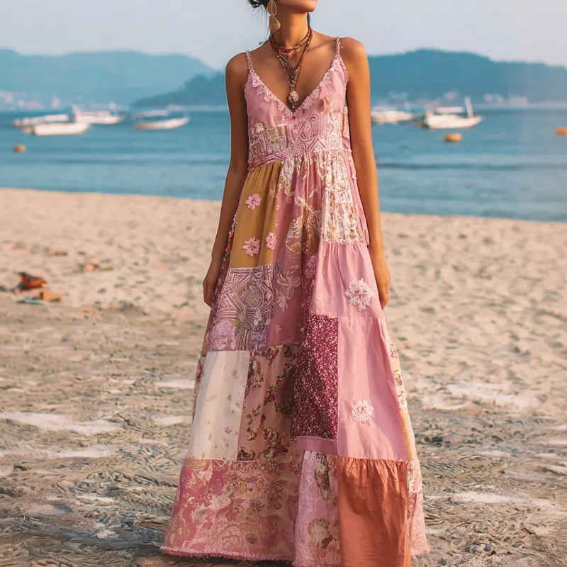 Vintage Boho Floral Patchwork Linen Cami Maxi Dress