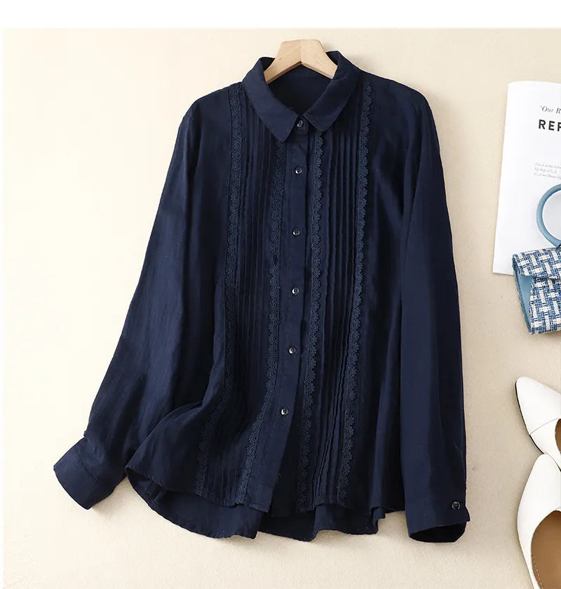 Women's Patchwork Lace Trim Linen And Cotton Pleated Shirt