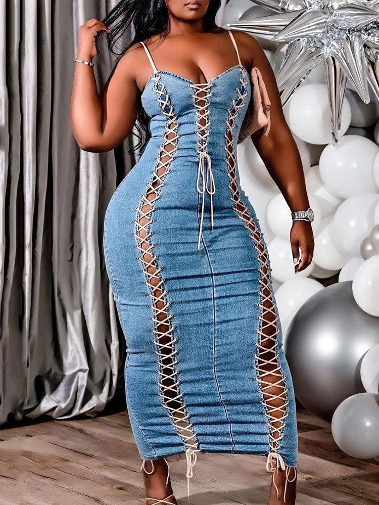 Casual Denim Empire Bandage Split-Joint Spaghetti-Neck Maxi Dresses