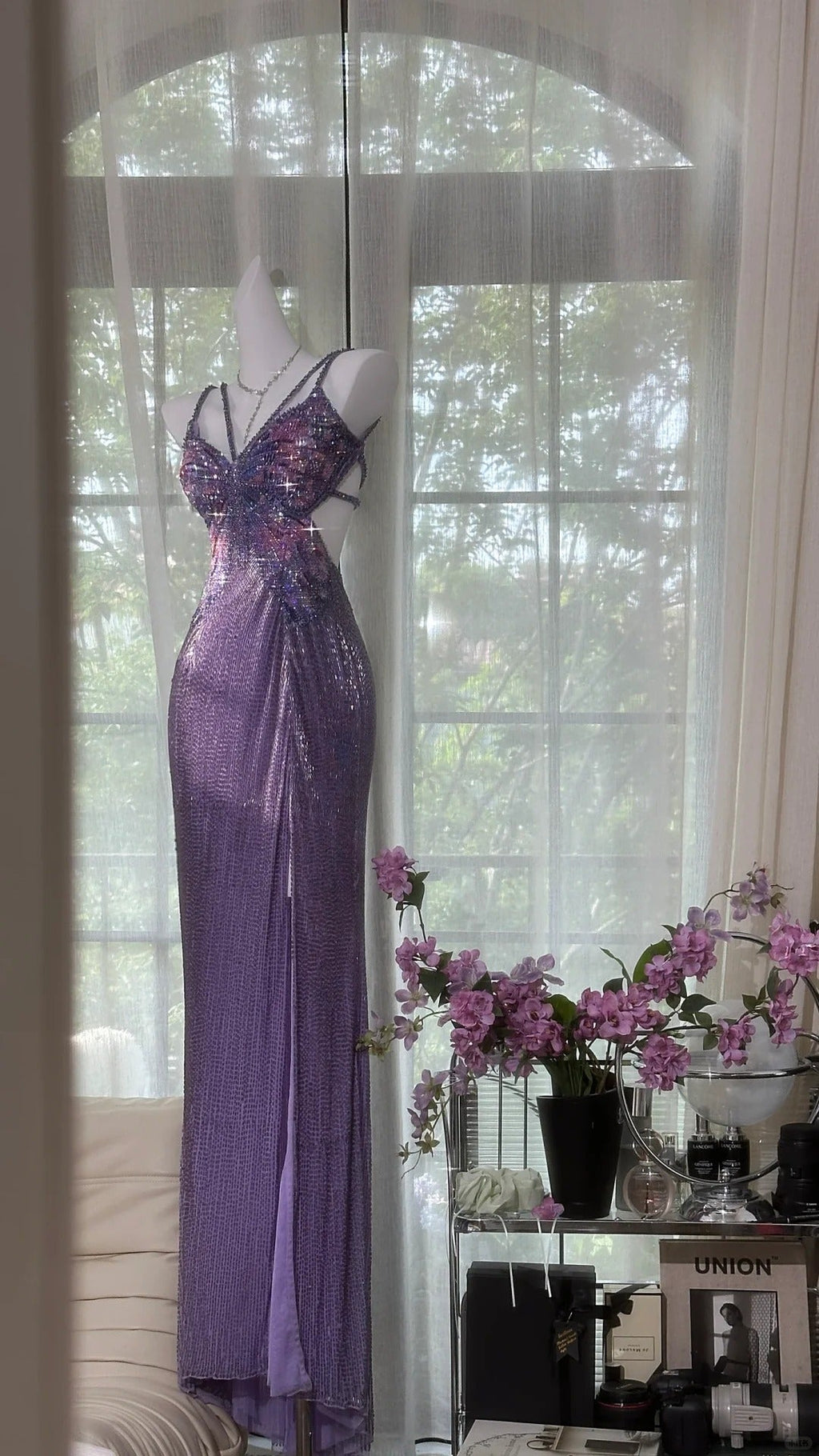 Purple Shiny Gorgeous Luxury Sequin Heavy Spaetti Strap Long Butterfly Decoration Sequin Chiffon Ball Gown Evening Gown Party Dress 4175