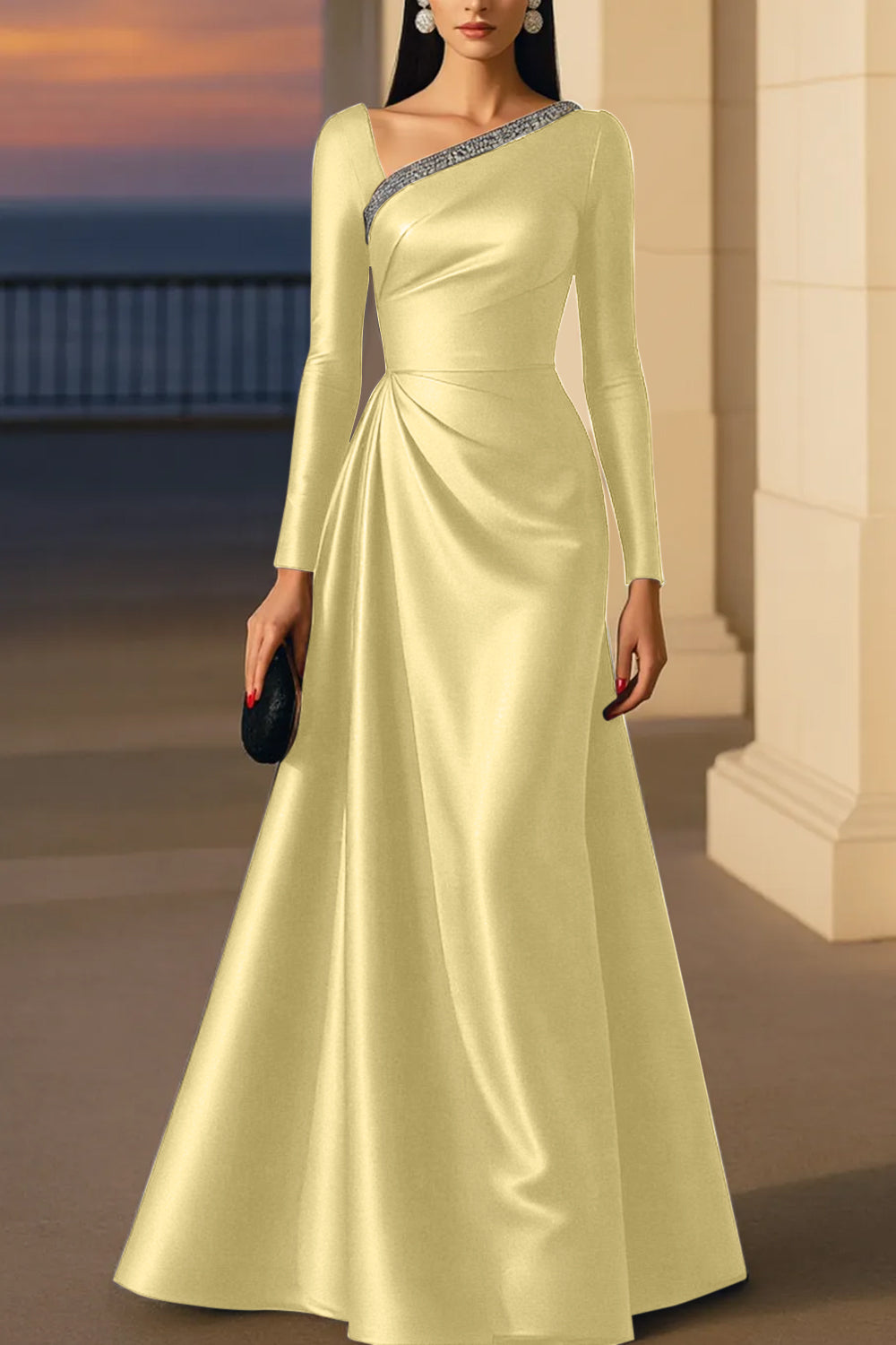 Evening Formal Burgundy Dress Asymmetrical Neck Long Sleeve Maxi Gown