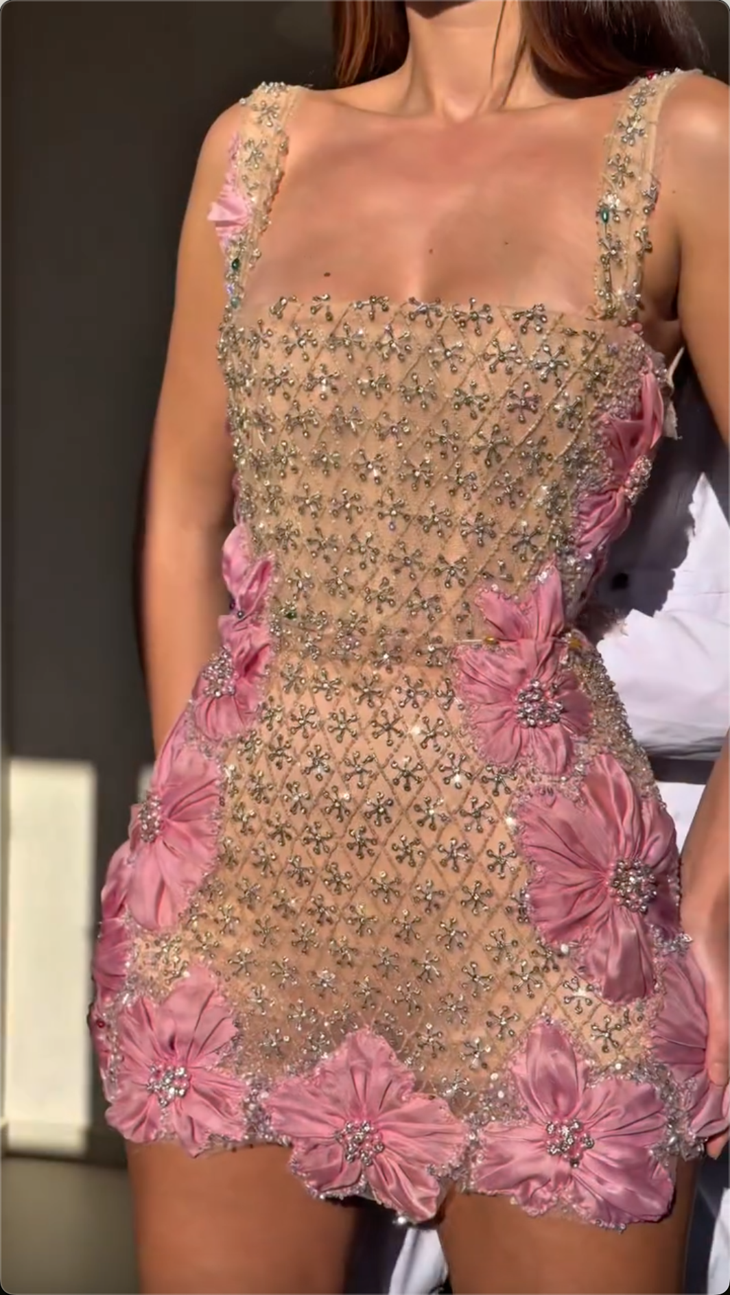 Nude Rhinestone Square Neck Mini Dress with 3D Pink Flowers