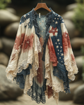 Summer Independence Day Lace Embroidery Patchwork Cardigan aa2a