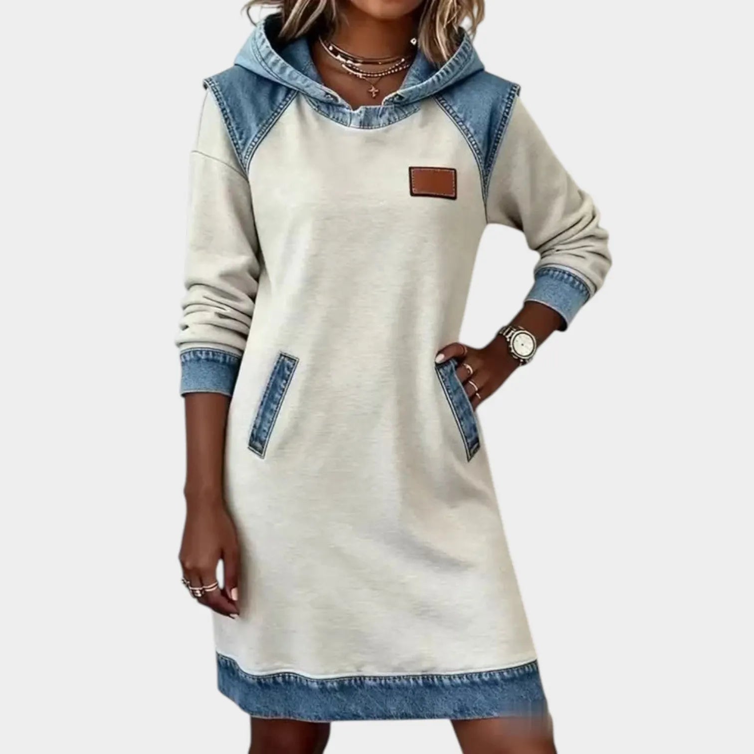 Casual Denim Trim Hoodie Dress