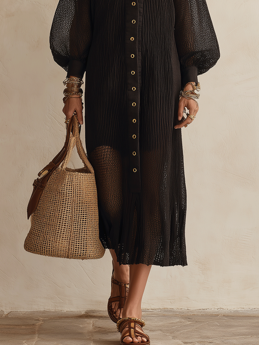 Bohemian Sheer Black Mesh Button-Front Midi Shirt Dress