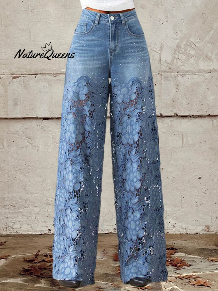 Women's Mid Waist Buttoned Lace Patchwork Jeans