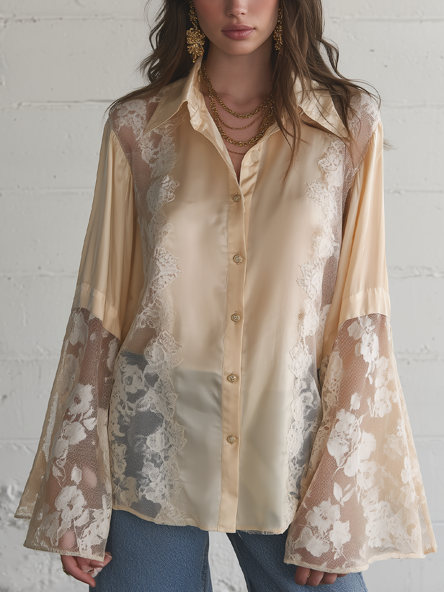 Delicate Champagne Lace Panel Shirt