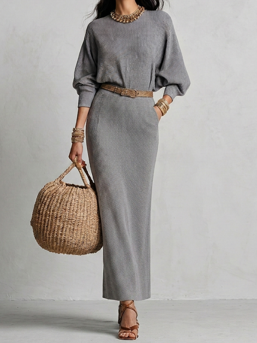 Elegant Grey Ribbed Knit Straight-Cut Maxi Dress