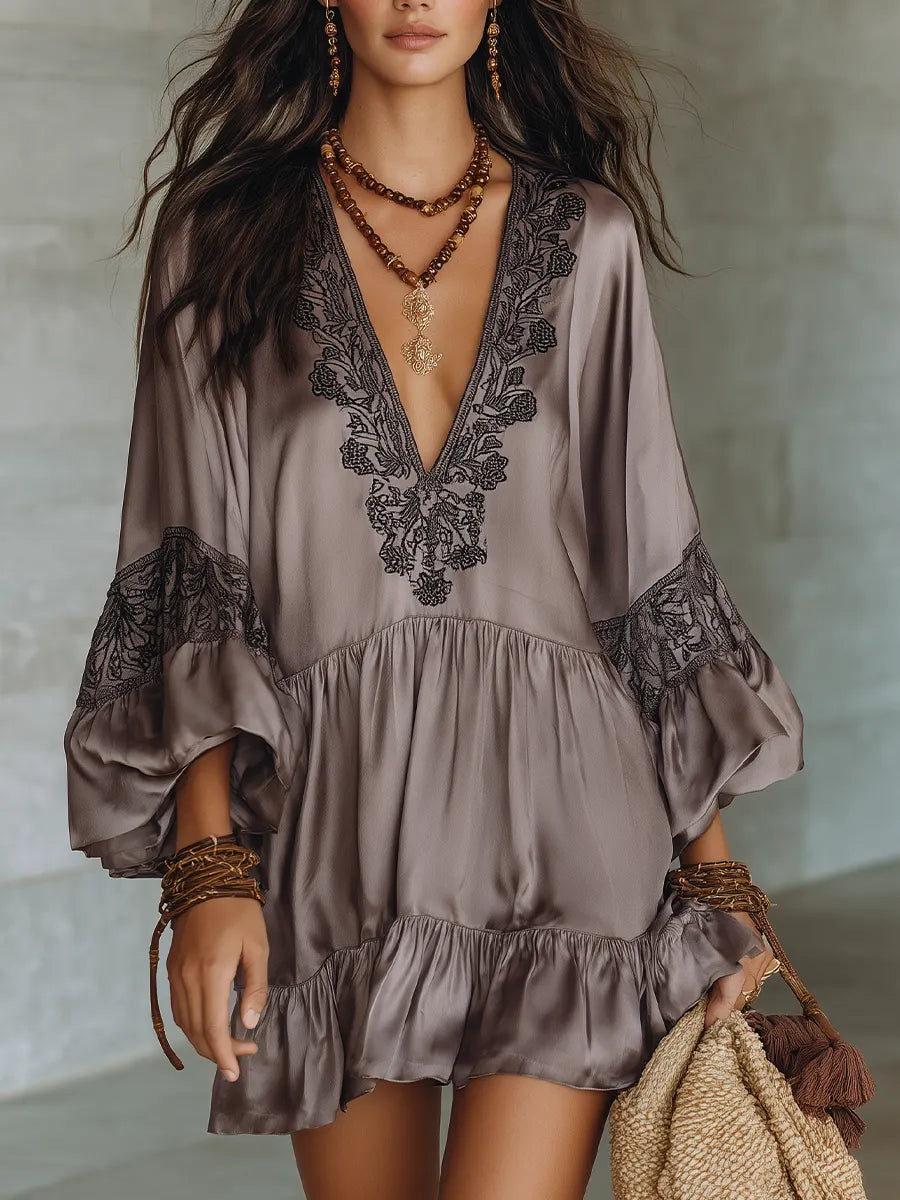 Vacation Dinner Flowy Satin Lace Tunic Mini Dress