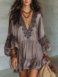 Vacation Dinner Flowy Satin Lace Tunic Mini Dress