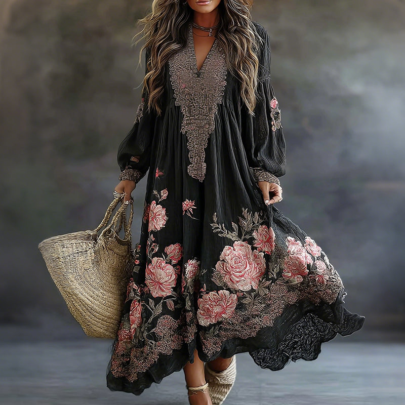 Women's Vintage Floral Art Flowy Linen Blend Casual V Neck Long Sleeve Maxi Dress