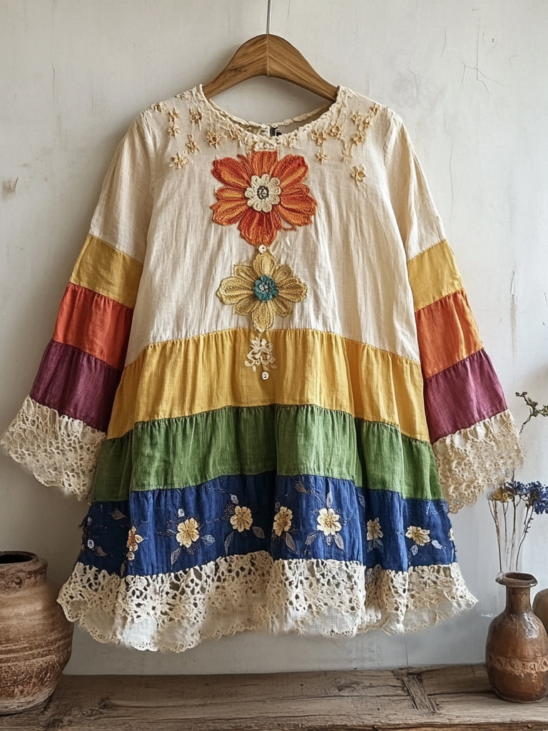 Vintage Bohemian Floral Rainbow Linen Shirt