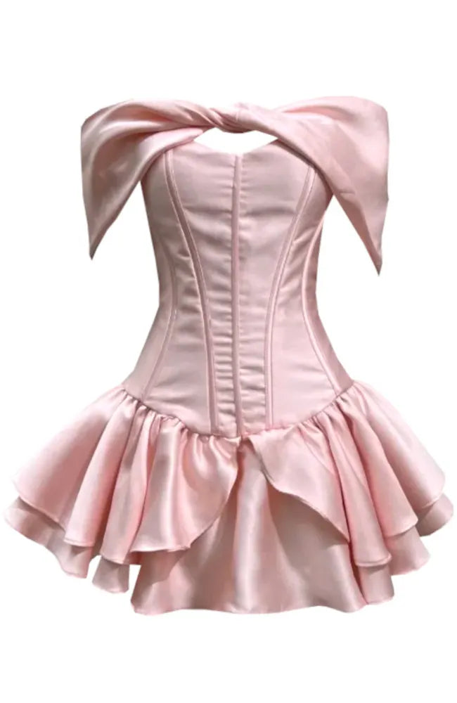 Bardot Strapless Corset Ruffle Dress Pink