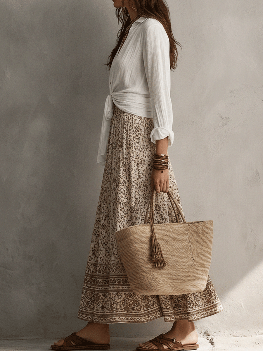 Effortless Coastal Romance Tie-Front White Shirt & Boho Maxi Skirt Ensemble