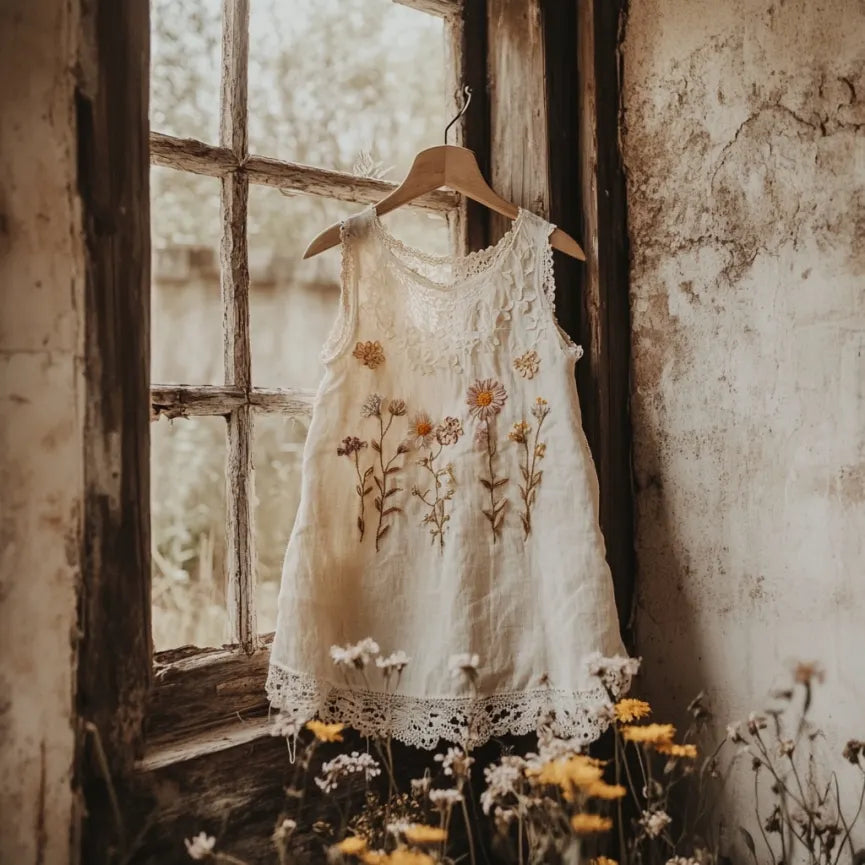 Vintage Flowers Embroidery Lace Art Linen Sleeveless Top