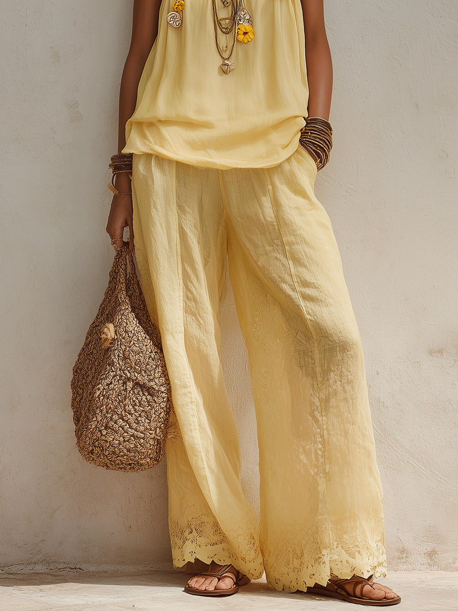 Bohemian Lace Hem Resort Butter Yellow Pant Set