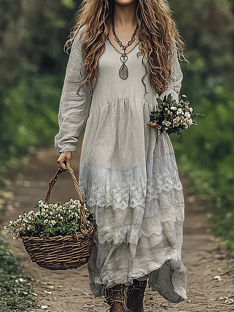 Women's Vintage Floral Lace Art  Linen Blend Maxi Dress