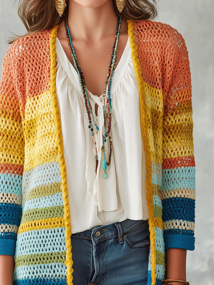 Bohemian Chic Crochet Open-Front Striped Rainbow Longline Cardigan