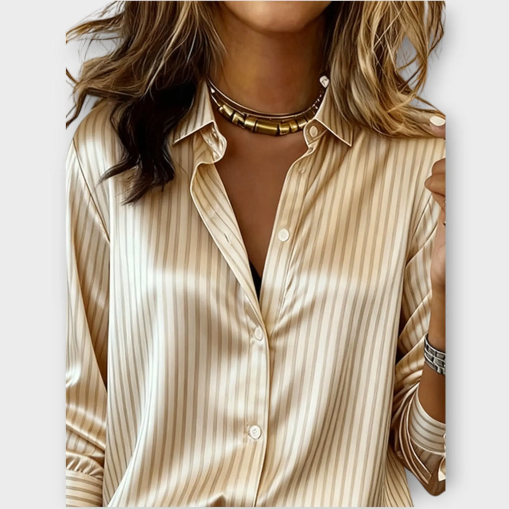 Silk-Look Striped Button-Down Blouse