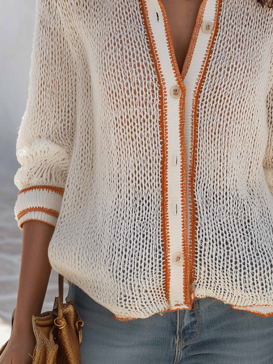 Casual Elegant Loose-Knit Piped-Trim Button-Up White Cardigan