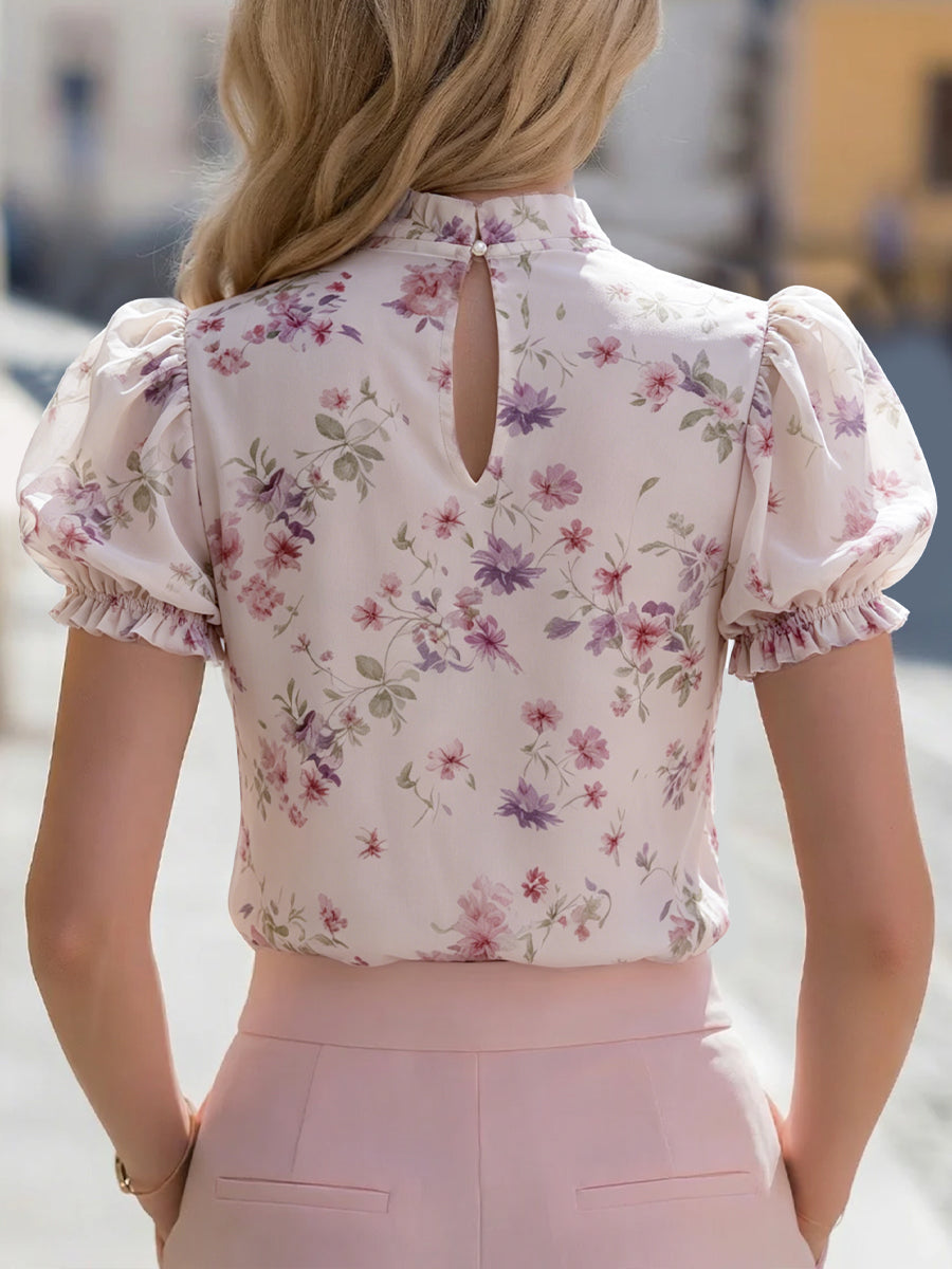 Floral Puff Sleeve Tie-Neck Chiffon Blouse