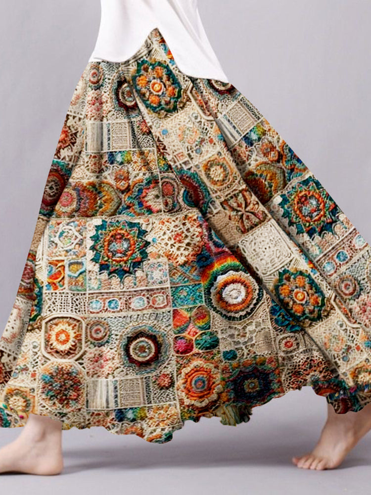 Women's Vintage Crochet Flowers Art Linen Flowy Wide Skirt