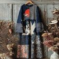 Women's Retro Japanese Crane And Sunset Art Linen Blend Round Neck Dress