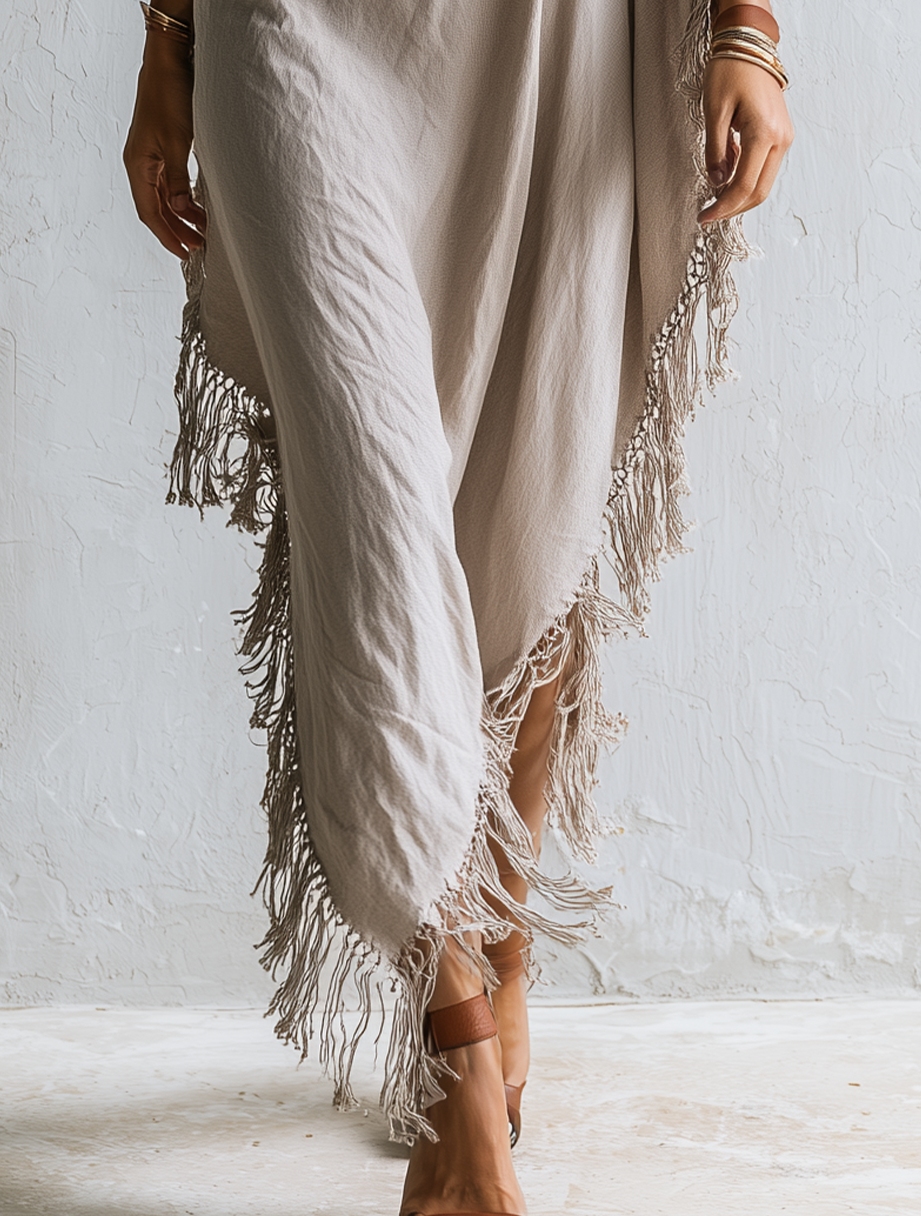 Elegant Beige Fringed Asymmetric Draped Kaftan Dress