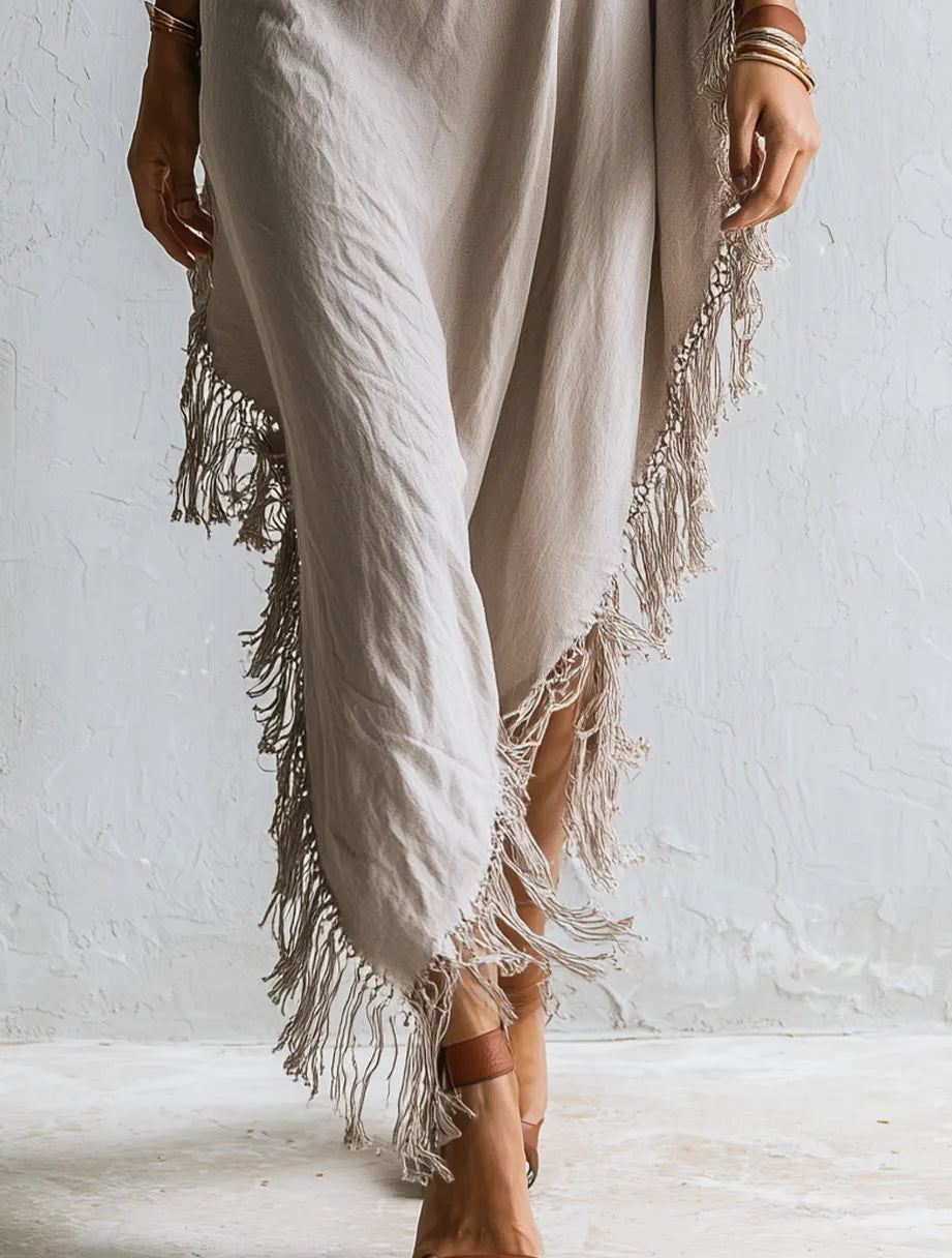 Elegant Beige Fringed Asymmetric Draped Kaftan Dress