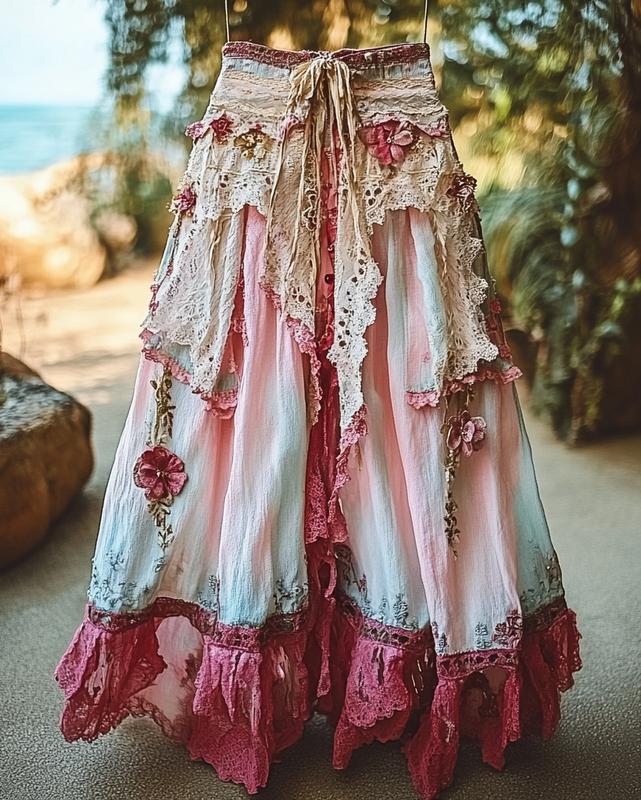 Summer Vacation Ruffle Lace Patchwork Skirt 1397