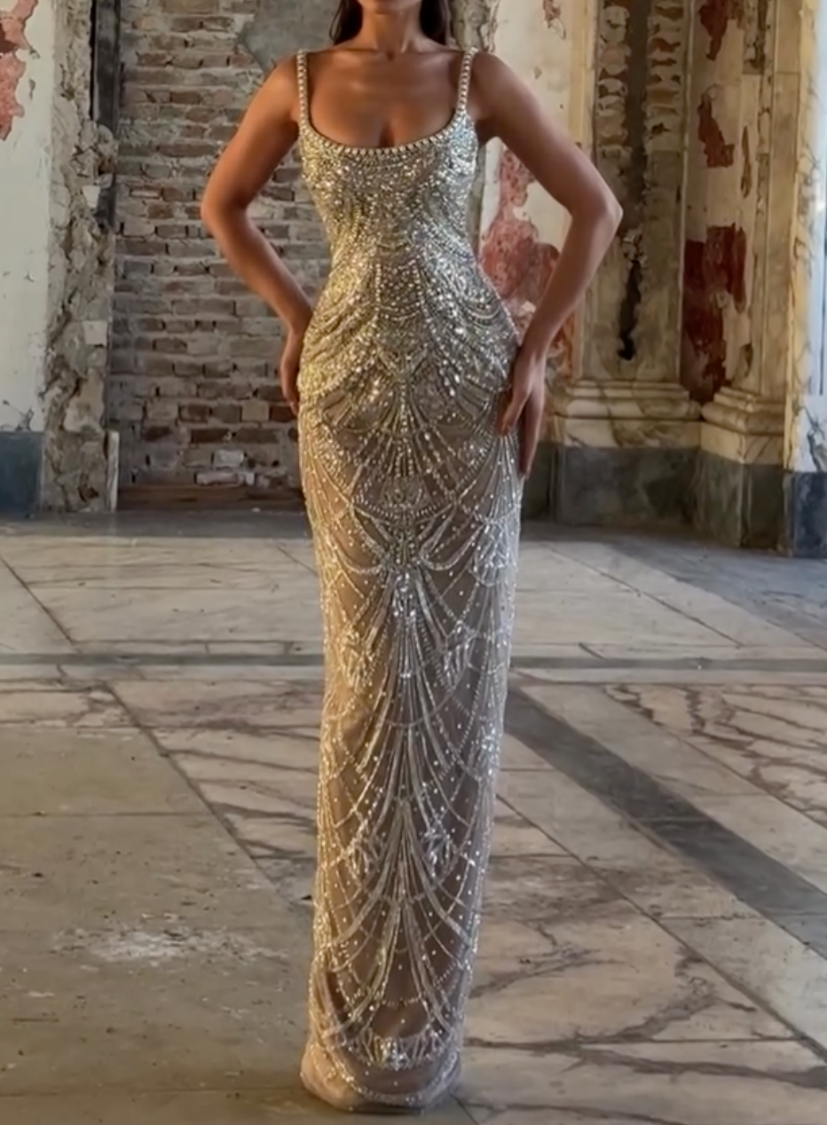 Silver Rhinestone Square Neck Maxi Dress with Sheer Mesh & Mermaid Silhouette