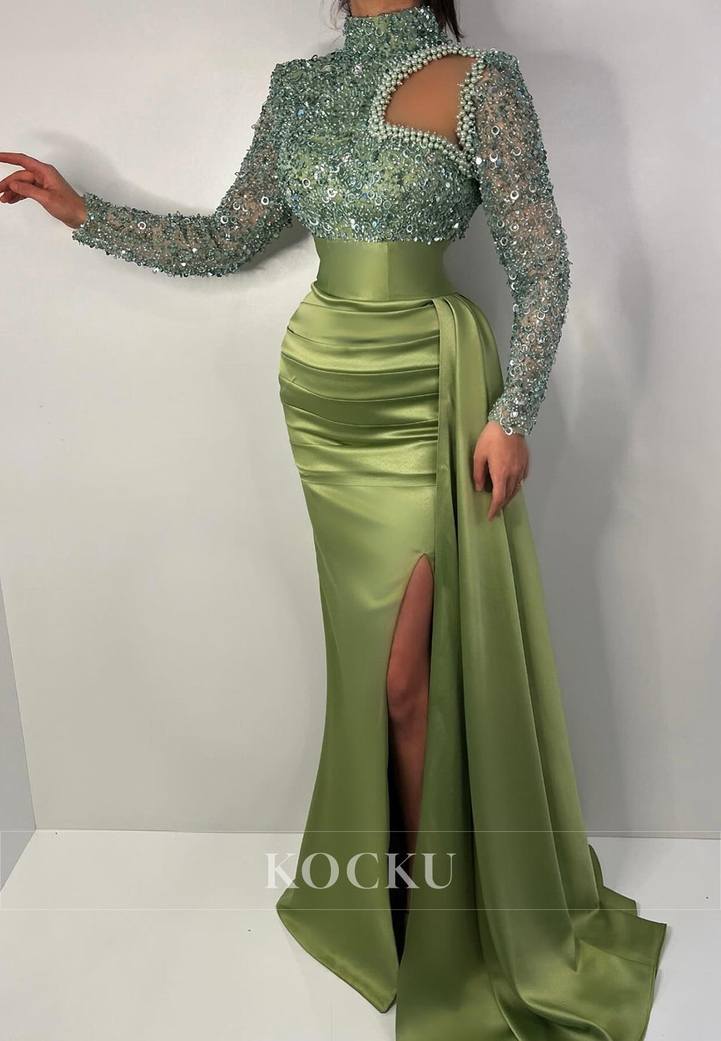L3092 - Couture & Ornate High Neck Sequined Long sleeves Sheath Evening Party Prom Dress