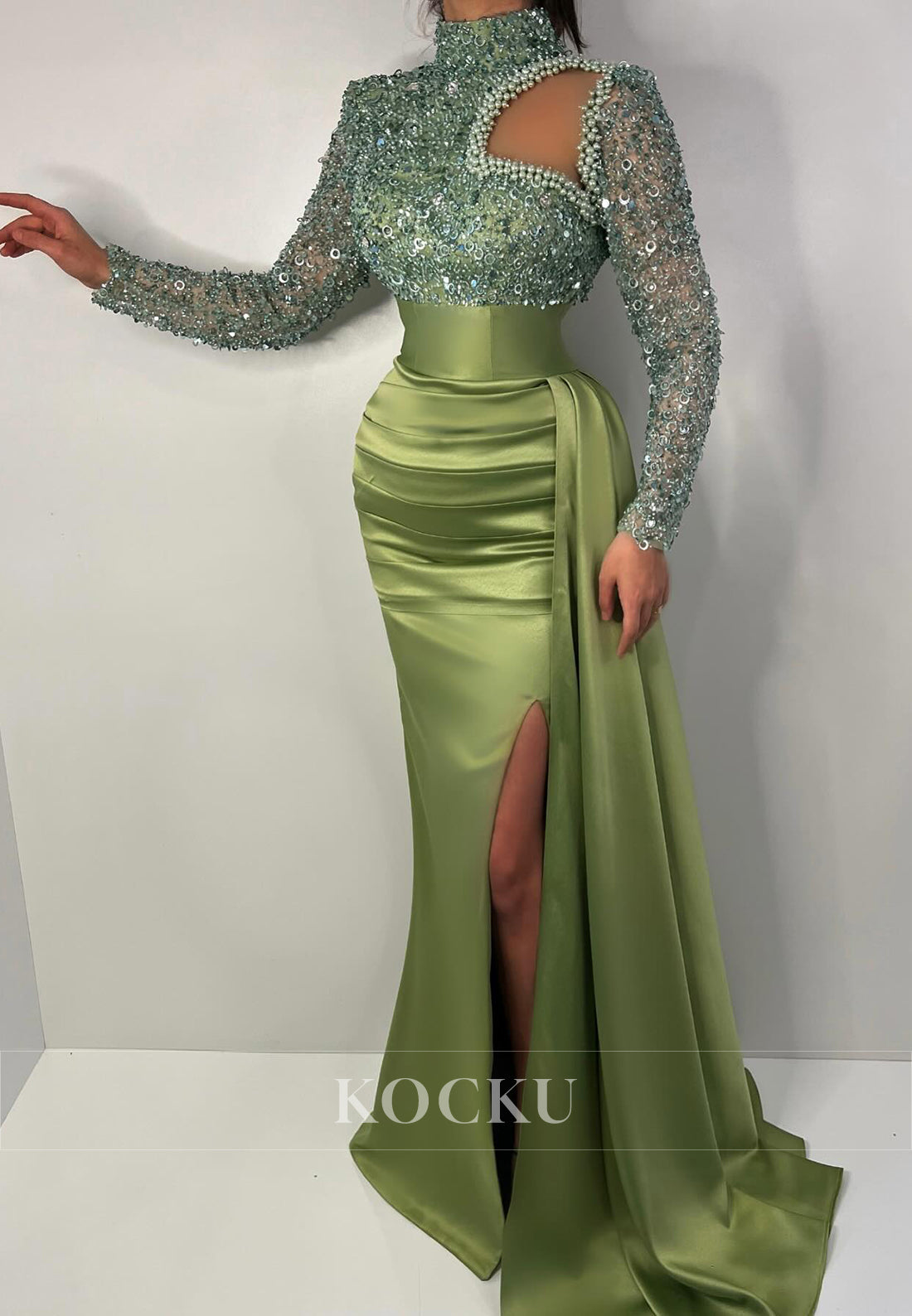 L3092 - Couture & Ornate High Neck Sequined Long sleeves Sheath Evening Party Prom Dress