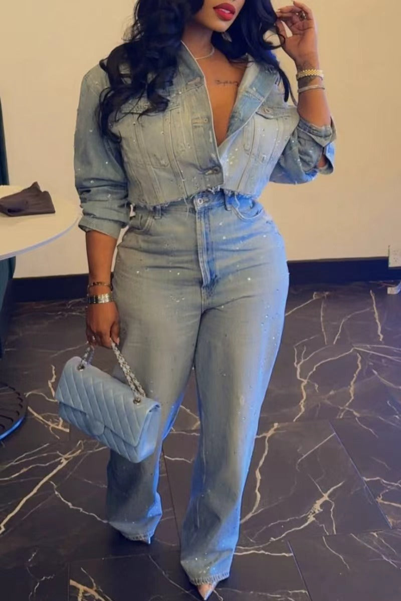 Light Blue Rhinestone Denim Co-Ord Set