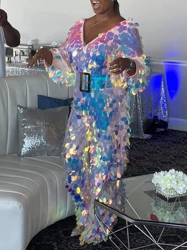 Fashion  Sequined V-Neck Long Sleeve Belted Loose Jumpsuit