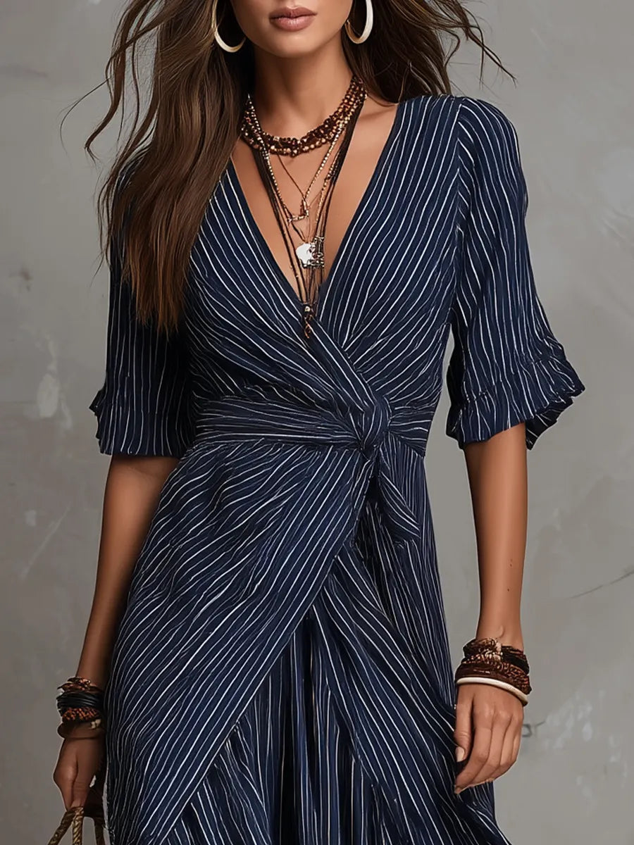 Elegant Navy Pinstripe Wrap Maxi Dress