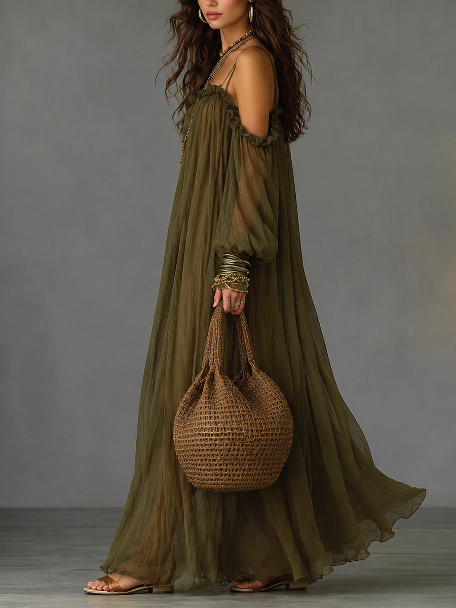 Stylish Olive Off-Shoulder Long Dress